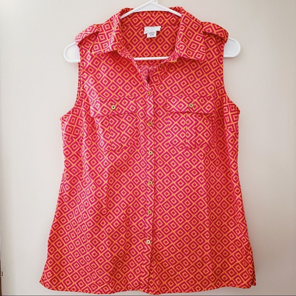 Jaclyn Smith Orange Pink Diamond Button Down Sleeveless Blouse Tank Top